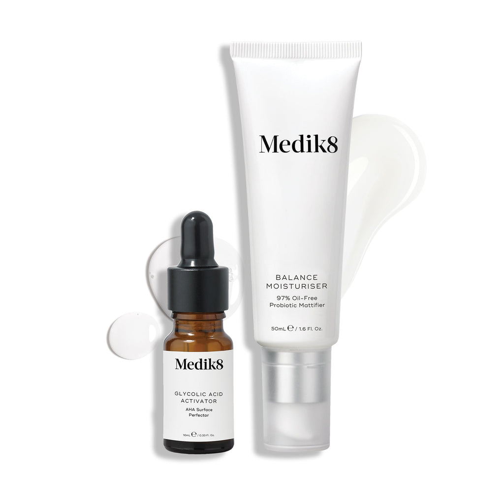 Hydratačný krém The Balance Moisturiser a Glycolic Acid Activator sú zobrazené spolu so vzorkou ich textúry vedľa nich.