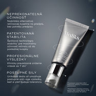 Infografika s názvom „THE 4 Ps“ na tmavom, žiariacom pozadí zobrazuje tubu Medik8 Crystal Retinal 6 s prerušovanou líniou obklopujúcou produkt. Text uvádza štyri kľúčové piliere: „Unrivalled Potency“ pre silu podobnú predpisovým produktom, „Patented Stability“ pre maximálnu účinnosť, „Professional Grade Results“ pre klinicky preukázané zníženie vrások už za 7 dní a „Progressive Strengths“ pre postupné budovanie tolerancie pleti.
