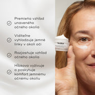 Vedľa modelky, ktorá drží kelímok Medik8 Advanced Night Eye Cream, sa zobrazuje zoznam benefitov. Text uvádza, že krém premieňa unavené oči, vyhladzuje jemné linky, rozjasňuje a hĺbkovo vyživuje jemné očné okolie.