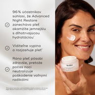 Modelka si nanáša Medik8 Advanced Night Restore, usmieva sa s kvapkou krému na líci a pritom drží kelímok. Text uvádza benefity, vrátane toho, že 100 % opýtaných súhlasilo, že ich pleť vyzerá po 4 týždňoch pevnejšia, a 90 % súhlasilo, že toto je ich obľúbený nočný krém.*  