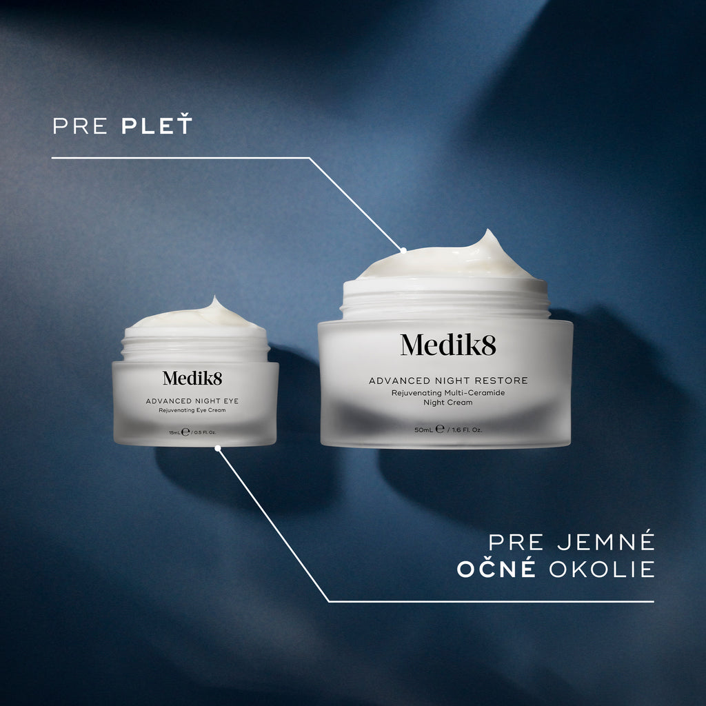 Porovnávací obrázok zobrazuje kelímok Medik8 Advanced Night Eye vedľa väčšieho kelímka Advanced Night Restore. Text označuje menší kelímok ako „pre jemné očné okolie“ a väčší ako „pre tvár“.
