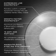 Detailný záber na textúru séra Liquid Peptides Advanced MP s textovými popiskami, ktoré podrobne popisujú jeho kľúčové zložky: EXPRESSION LINE MINIPROTEIN™, GROWTH FACTOR MINIPROTEIN, 13 AGE-DEFYING PEPTIDES a MICRO-FILLER HYALURONIC ACID.