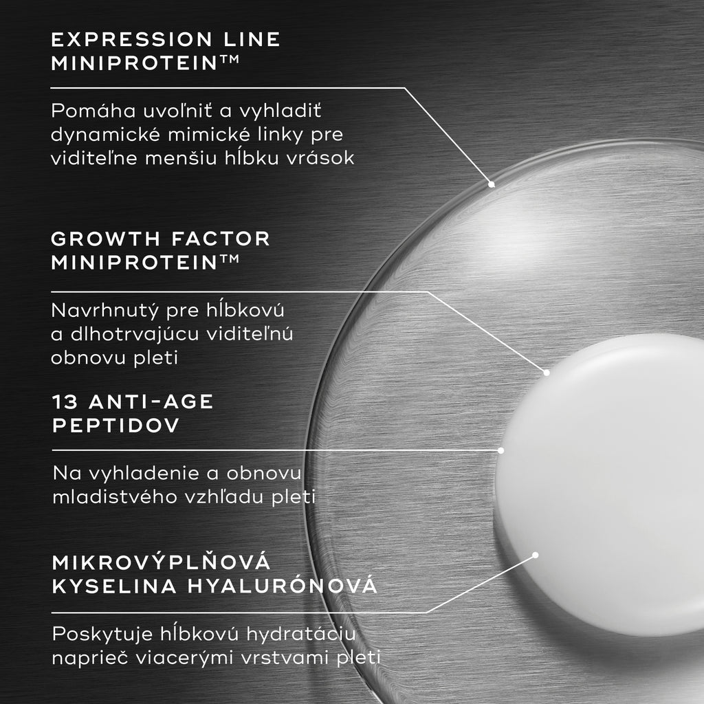 Detailný záber na textúru séra Liquid Peptides Advanced MP s textovými popiskami, ktoré podrobne popisujú jeho kľúčové zložky: EXPRESSION LINE MINIPROTEIN™, GROWTH FACTOR MINIPROTEIN, 13 AGE-DEFYING PEPTIDES a MICRO-FILLER HYALURONIC ACID.