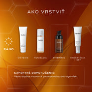 Príručka Medik8 pre vrstvenie produktov v rámci rannej starostlivosti o pleť, ktorá predstavuje čistiaci prípravok, tonikum, sérum C-Tetra Advanced na rozjasnenie pleti a hydratačný krém s ochranným faktorom SPF pre optimálnu ochranu a hydratáciu pleti.