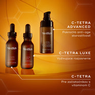 Rad sér s vitamínom C od Medik8, ktorý zahŕňa produkty C-Tetra (vstupný produkt s vitamínom C), C-Tetra Luxe (vyživujúci lesk) a C-Tetra Advanced (formula proti starnutiu), prezentované na pozadí v teplých odtieňoch.