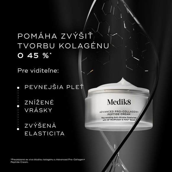 Krém Medik8 Advanced Pro-Collagen+ Peptide Cream v kelímku na čiernom pozadí s abstraktnými štrukturálnymi grafickými prvkami. Text uvádza, že pomáha zvýšiť produkciu kolagénu o 45 %, čím prispieva k viditeľne pevnejšej pokožke, redukcii vrások a zvýšeniu pružnosti.-hover-13