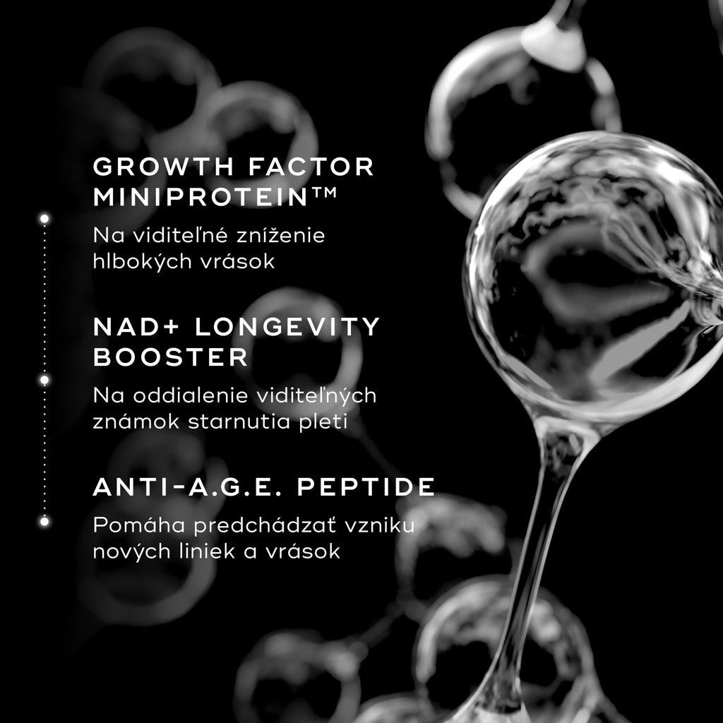 1 Abstraktná grafika na čiernom pozadí, ktorá zdôrazňuje kľúčové zložky krému Medik8 Advanced Pro-Collagen+ Peptide Cream. Text podrobne opisuje prínosy miniproteínu rastového faktora, látky NAD+ podporujúcej dlhovekosť a peptidu Anti-A.G.E. pri redukcii vrások.