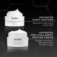 Porovnanie krémov Medik8 Advanced Night Restore a Advanced Pro-Collagen+ Peptide Cream v tubách, zobrazených vedľa seba na čiernom pozadí. Text porovnáva výživnú večernú formulu Night Restore s novou ľahkou formulu Pro-Collagen+ na použitie ráno aj večer, pričom zdôrazňuje jej schopnosť zvýšiť produkciu kolagénu a zmierniť hlboké vrásky.