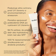 Na obrázku drží tubu krému Medik8 Advanced Day Ultimate Protect usmievajúca sa modelka s čiarou bieleho krému na líci pred teplým béžovým pozadím. Text vyzdvihuje štyri kľúčové výhody: silnú ochranu pred UV žiarením a vplyvmi životného prostredia, opravu poškodenia DNA po vystavení UV žiareniu, 94 % používateľov sa zhoduje, že pôsobí ako hydratačný krém, a 100 % nepociťovalo žiadne stekanie ani tvorbu žmolkov.