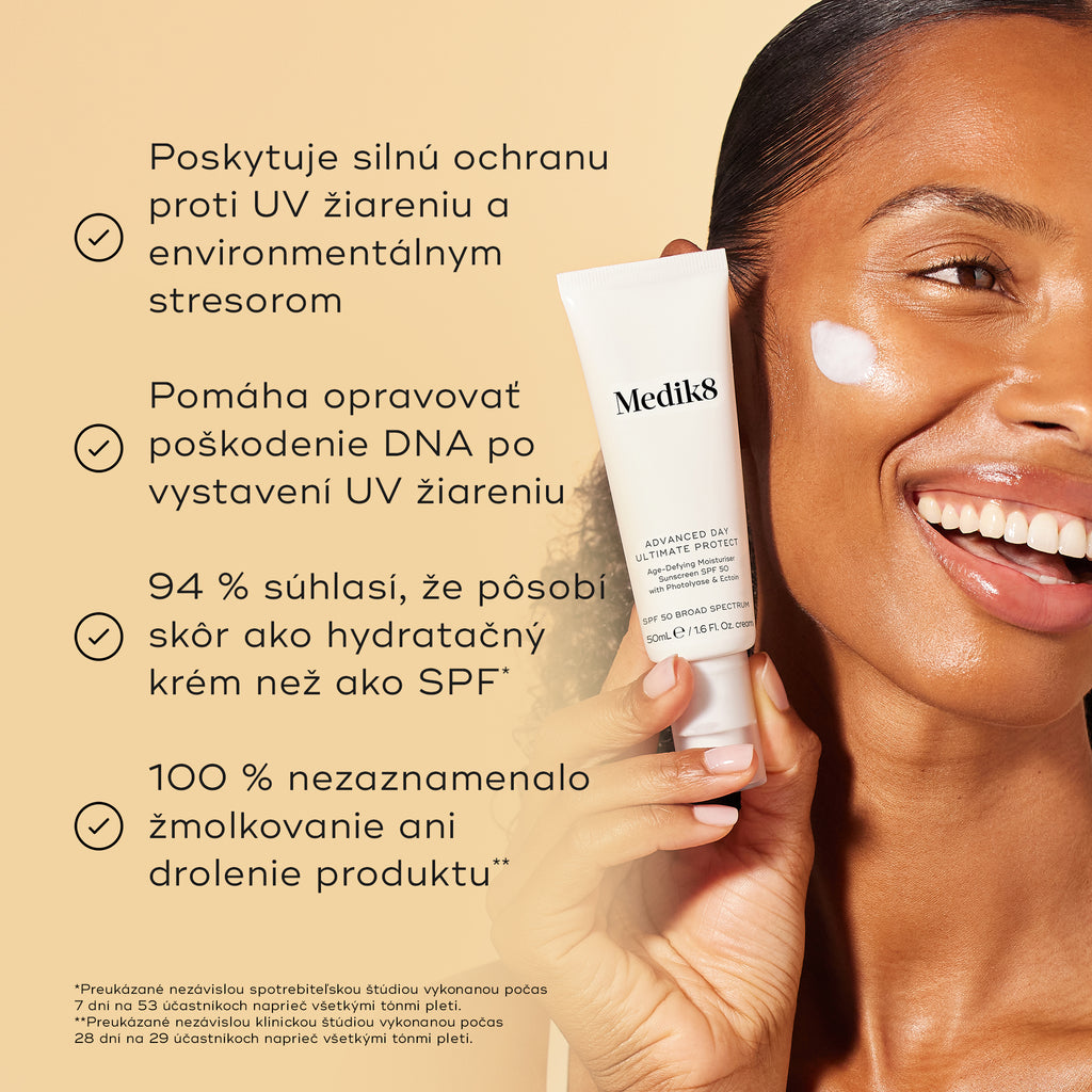 Na obrázku drží tubu krému Medik8 Advanced Day Ultimate Protect usmievajúca sa modelka s čiarou bieleho krému na líci pred teplým béžovým pozadím. Text vyzdvihuje štyri kľúčové výhody: silnú ochranu pred UV žiarením a vplyvmi životného prostredia, opravu poškodenia DNA po vystavení UV žiareniu, 94 % používateľov sa zhoduje, že pôsobí ako hydratačný krém, a 100 % nepociťovalo žiadne stekanie ani tvorbu žmolkov.