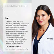 Portrét estetickej lekárky Dr. Bibi Ghalaie v laboratórnom plášti Medik8 s titulom „MEDIK8 GLOBAL AMBASSADOR“ dopĺňa jej citát, v ktorom označuje produkt za prelomové premostenie medzi ambulantným ošetrením a domácou starostlivosťou s viditeľnými výsledkami omladenia a zjemnenia pleti u jej pacientov.