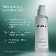 Fľaštička prípravku Medik8 Total Moisture Daily Cleansing Gel s textovým panelom načrtávajúcim kľúčové benefity, vrátane účinného odstránenia make-upu a opaľovacieho krému, čistenia s dôrazom na hydratáciu a podpory kožnej bariéry.