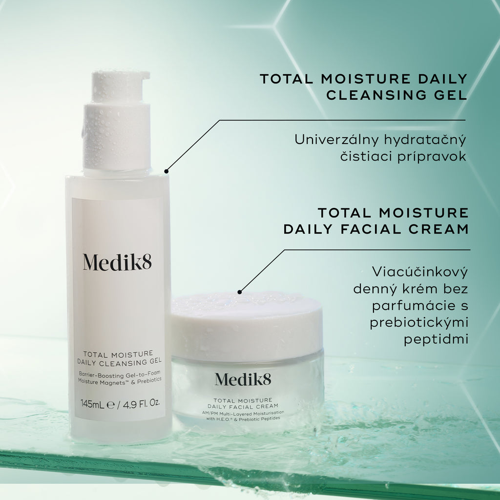 Vizuál párovania produktov (produktovej dvojice) s obsahom Total Moisture Daily Cleansing Gel a k nemu prislúchajúceho hydratačného krému, ktorý vyzdvihuje kompletnú rutinu pre hydratáciu a podporu kožnej bariéry.