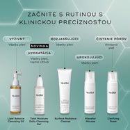 Prehľad piatich čistiacich produktov Medik8 na svetlozelenom pozadí vrátane Lipid Balance Cleansing Oil, Total Moisture Daily Cleansing Gel, Surface Radiance Cleanse, Micellar Mousse a Clarifying Foam so slovenskými popismi ich účinkov.