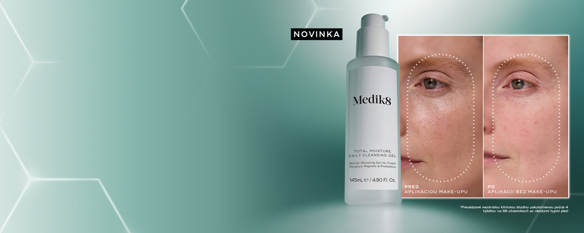 Medik8 Total Moisture Daily Cleansing Gel zobrazený spolu s fotografiami pleti pred a po použití, doplnený o text zdôrazňujúci klinicky overené čistenie pleti v jednom kroku a efektívne odstránenie mejkapu a opaľovacieho krému.